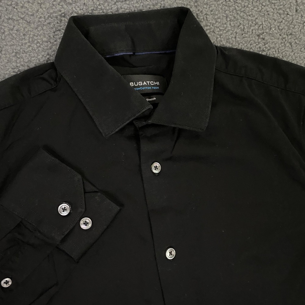 Bugatchi Shirt Mens Small Black OoohCotton Tech 8 Way Stretch Dress Long Sleeve